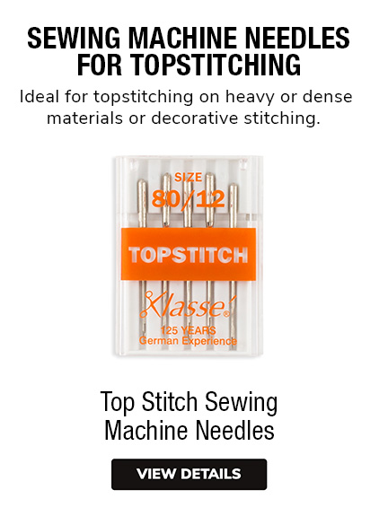 Top Stitch Sewing Machine Needles •	Sewing Machine Needles for Topstitching  •	Ideal for topstitching on heavy or dense materials or decorative stitching.