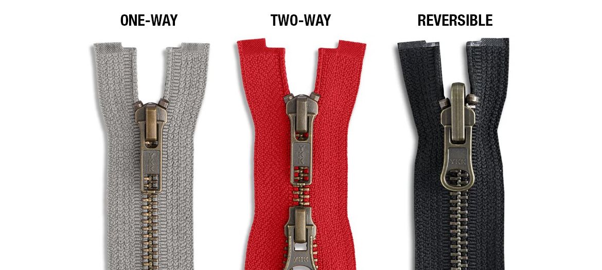 Antique Brass Jacket Zipper Styles One-Way Two-Way Reversible Zippers in Grey, Red and Black