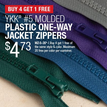 Buy 4 Get 1 Free YKK® #5 Molded Plastic One-Way Jacket Zippers $4.73 / MZ-5-36* / Buy 4 get 1 free of the same style & color / Maximum 20 free per color per customer.