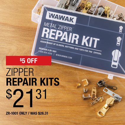 $5 Off Zipper Repair Kits $21.31 / ZR-1001 only / Was $26.31.
